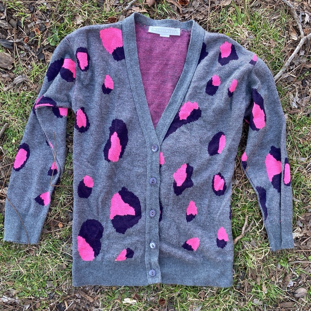 A Knitch Above Cardigan  3/4 Sleeves Medium Gray and Pink Leopard Print Cardigan